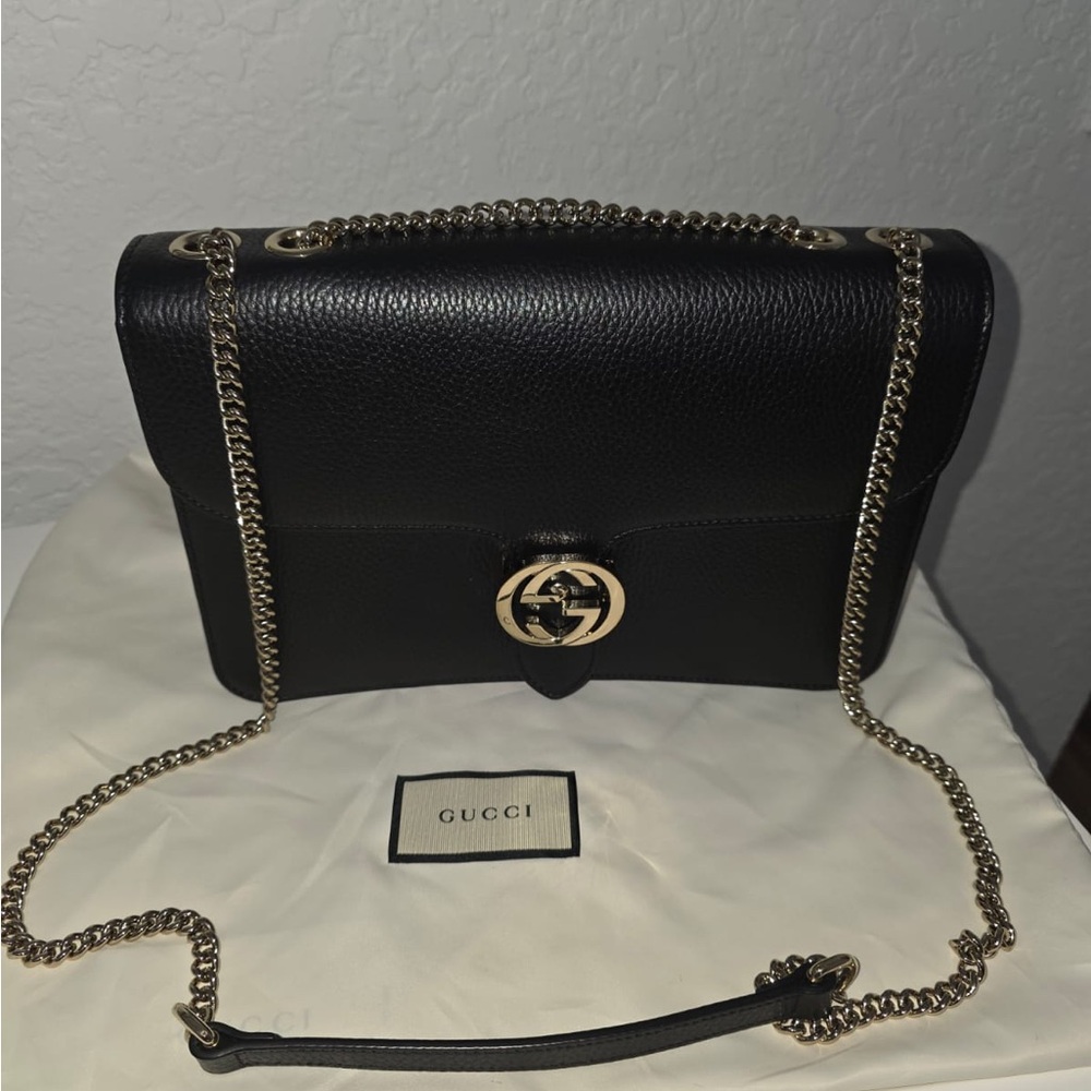 Gucci Black Leather Crossbody Bag with Gold Chain